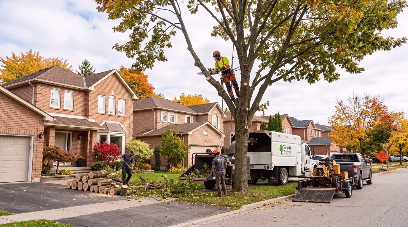 Tree removal crew working on a large mature maple along the Yonge Street corridor in Aurora with the historic main street visible