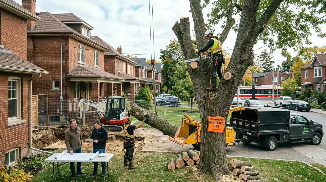 Tree removal crew removing a protected tree to make way for a home addition at a Toronto residential property