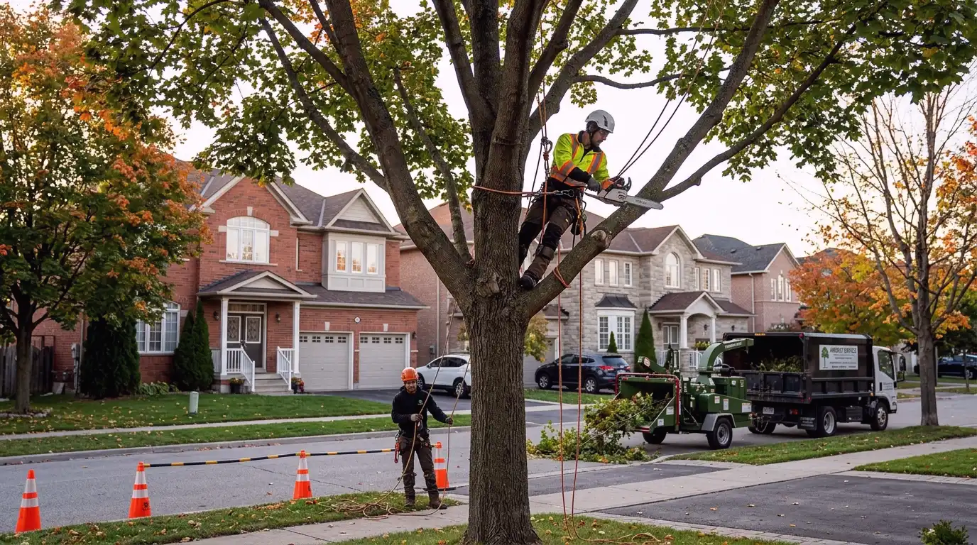 Tree removal crew carefully working near a Unionville Markham heritage-era streetscape with large mature trees and Victorian storefronts