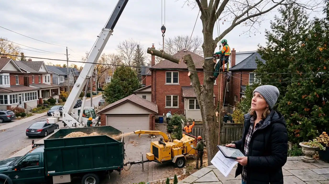 Professional tree removal crew using controlled rigging to remove a large tree growing very close to a Toronto residential home