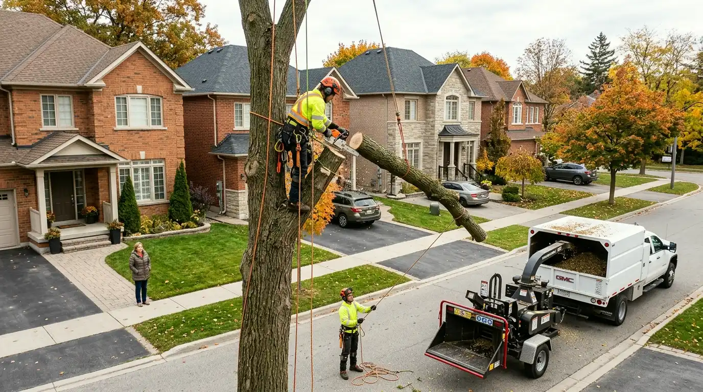 Professional tree removal crew sectioning a very large silver maple on a Bayview Hill Richmond Hill estate property with the cost factors visible
