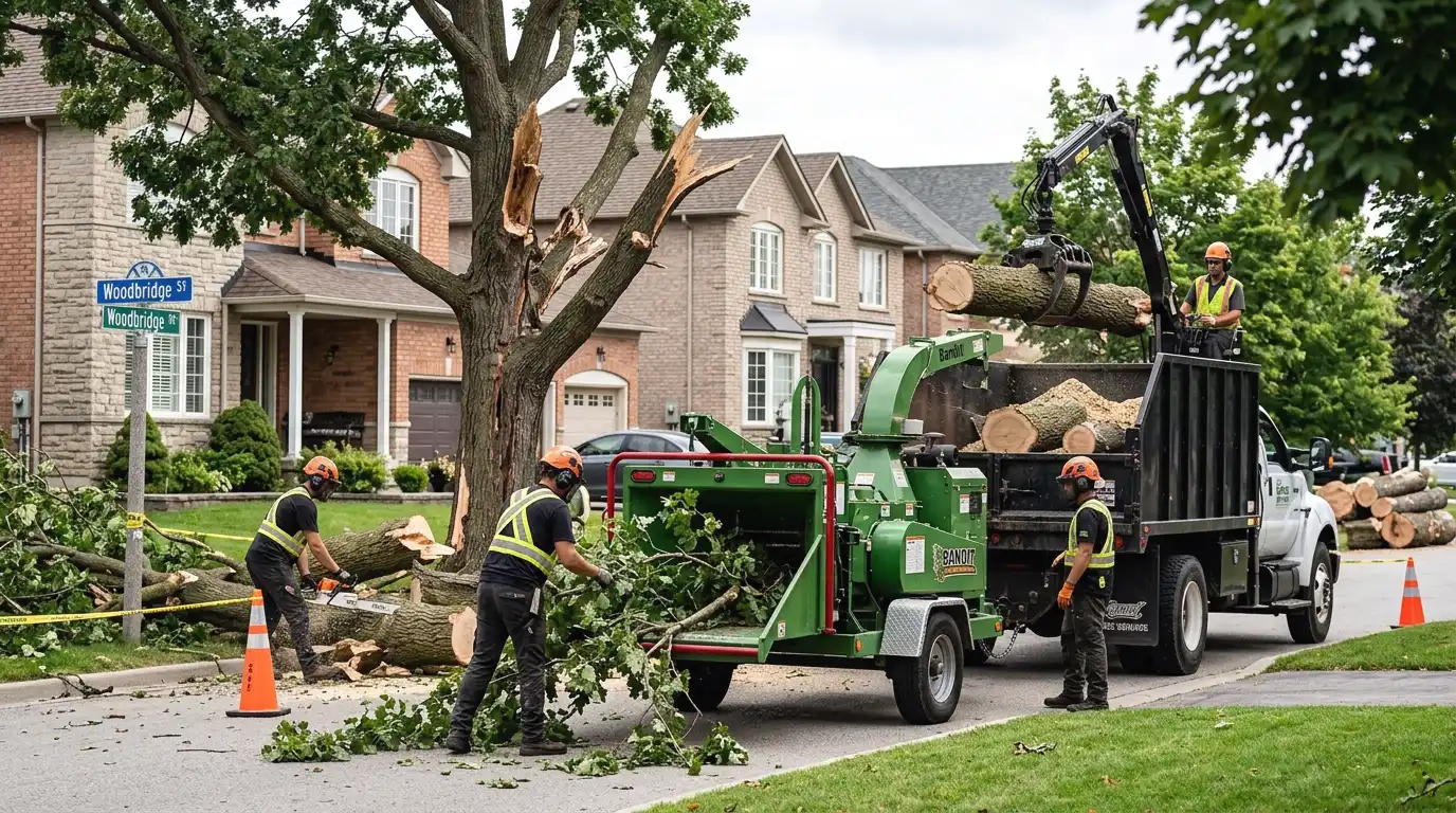 Tree removal crew with chipper truck clearing a large storm-damaged tree on a Woodbridge Vaughan residential street