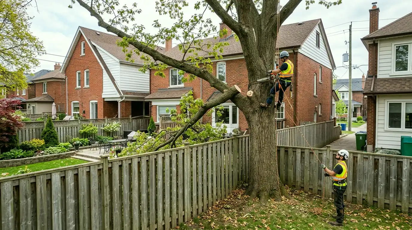 Precise rigged tree removal next to a cedar fence in a Toronto backyard with crew managing lowering lines to protect the fence