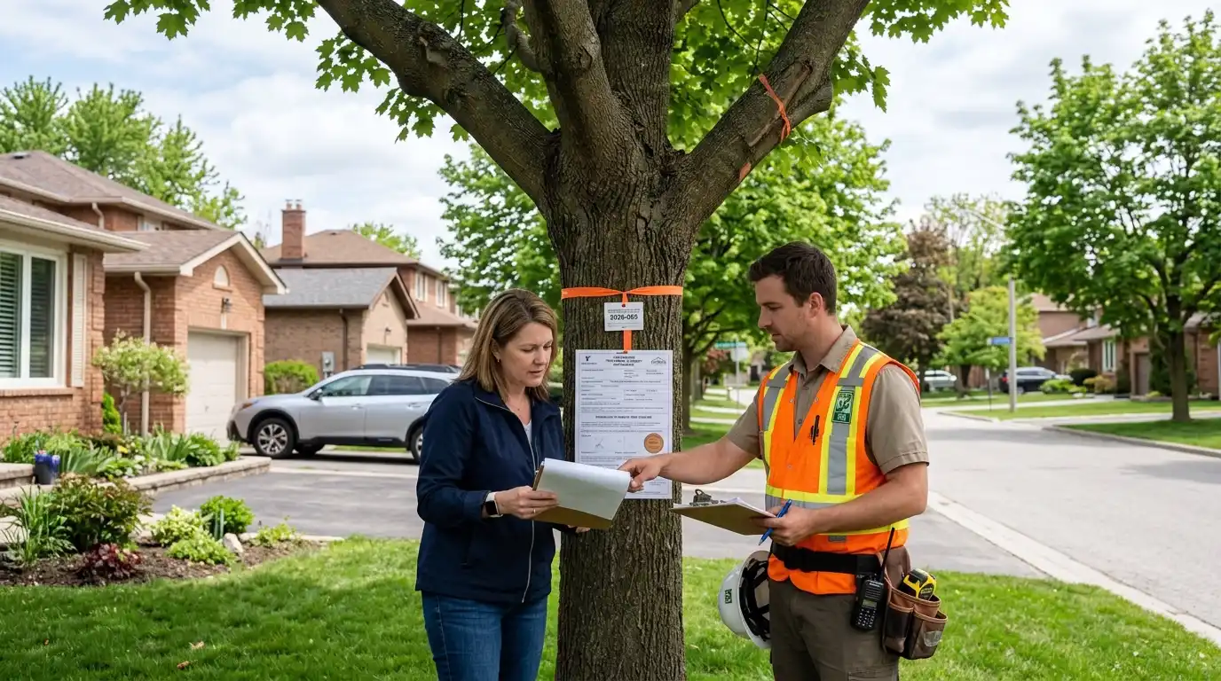 Tree-lined residential street in Aurora Ontario showing mature trees protected under local tree by-laws and York Region woodland conservation rules