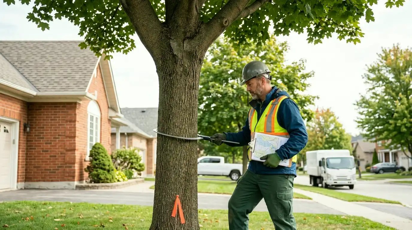 Arborist measuring a large protected tree at a Burlington Ontario downtown residential property under the 2021 Private Tree Bylaw