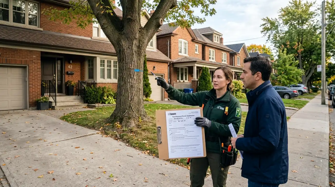 Arborist measuring the exact distance between a large tree trunk and the proposed driveway edge at a Toronto residential property to document the geometric conflict in a permit application