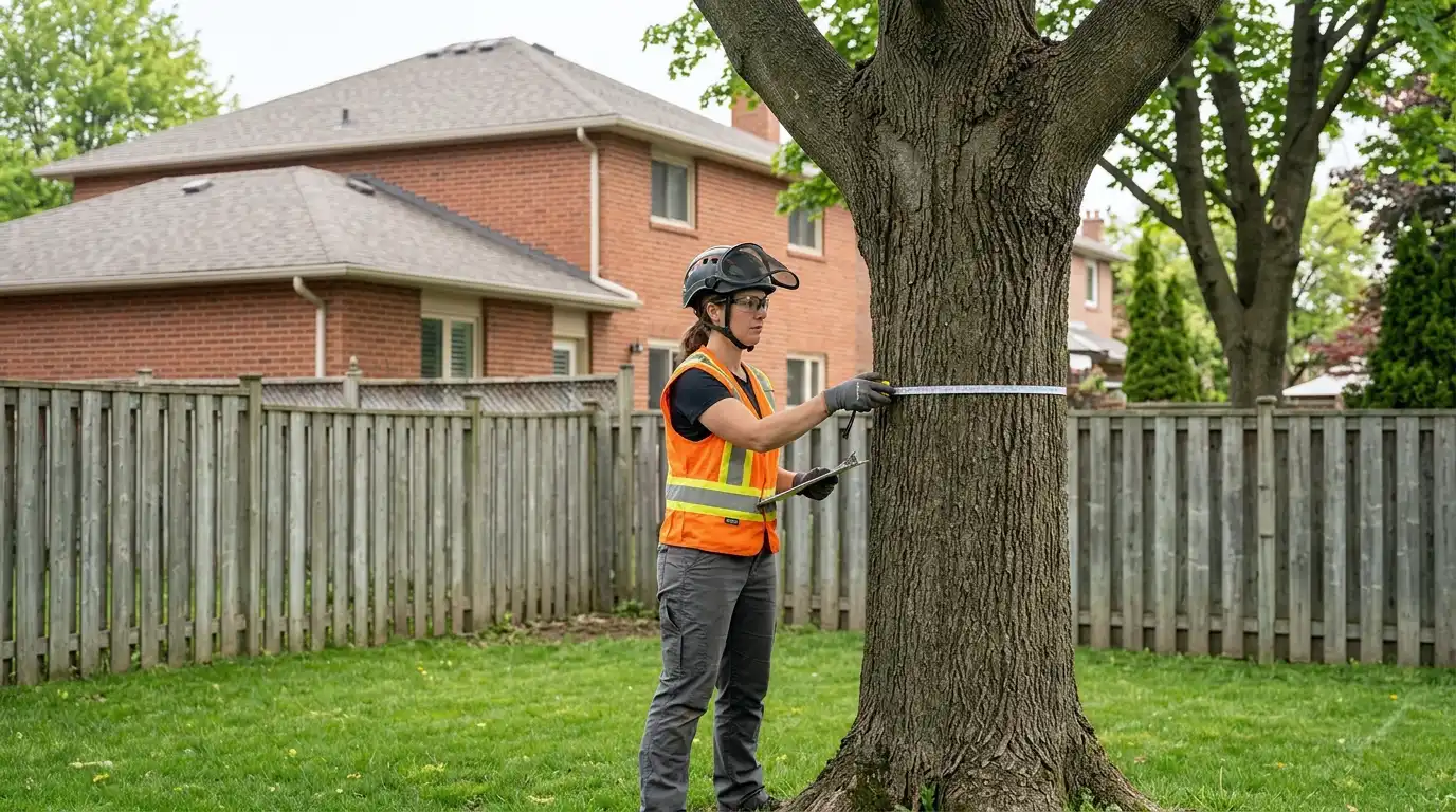 ISA certified arborist measuring tree trunk DBH in a Markham residential backyard for a tree removal permit application