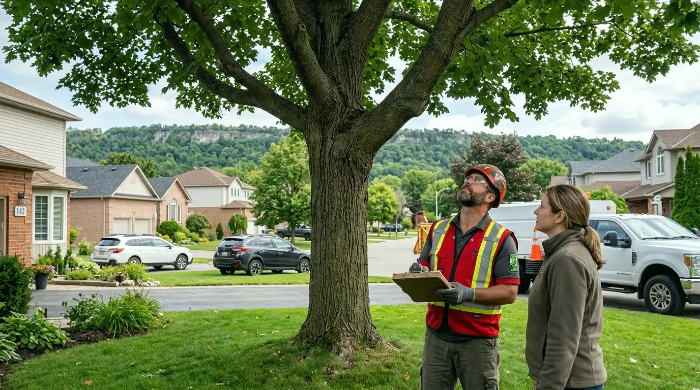 Arborist assessing a large tree at a Milton Ontario property with the Niagara Escarpment visible in the background