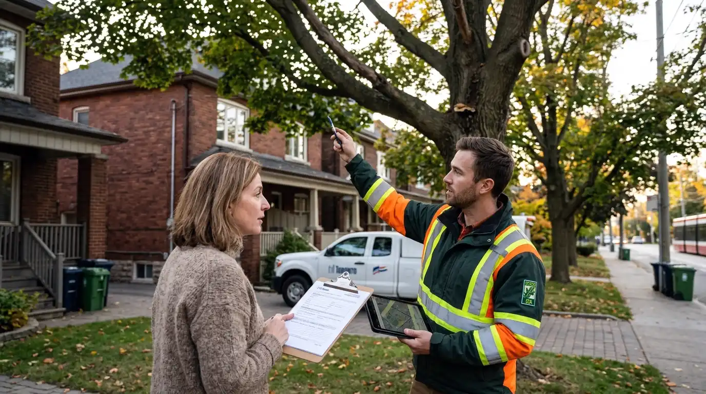 ISA certified arborist measuring tree diameter at breast height on a Toronto residential property for a Chapter 813 permit application