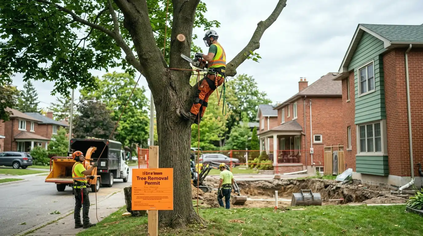 Tree removal crew clearing a large tree from a Toronto backyard ahead of pool installation with excavation equipment staged and pool area marked out