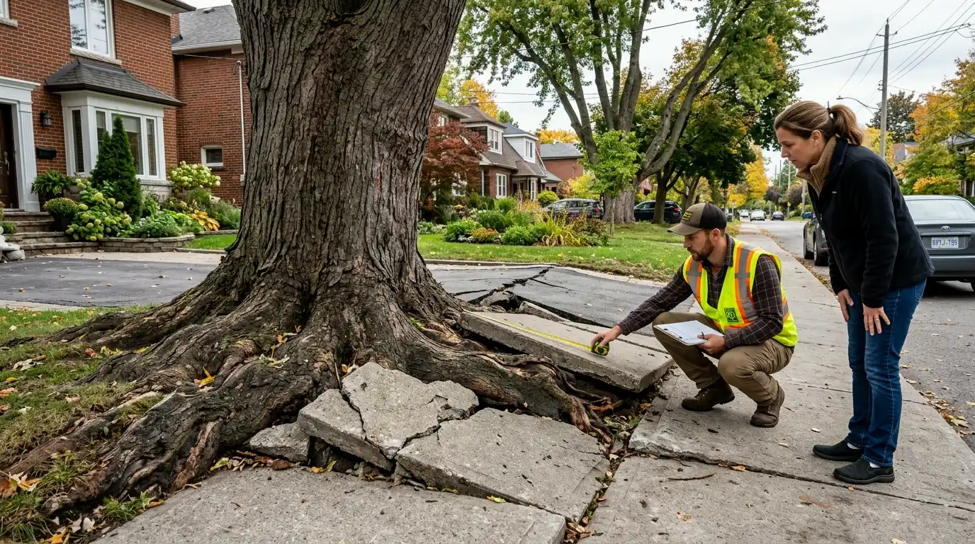 Very large silver maple with dramatic surface roots heaving a Toronto sidewalk in multiple directions