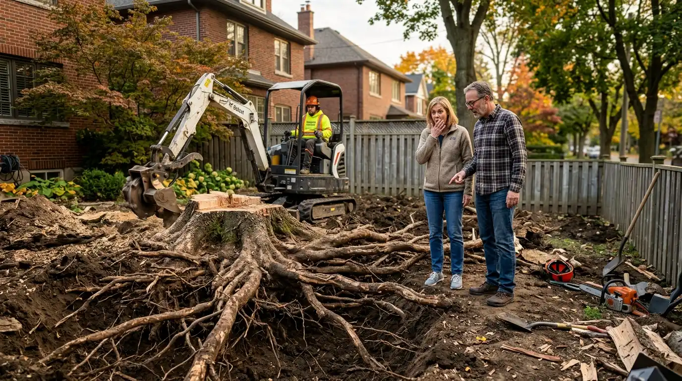 Homeowner looking surprised at the shallow lateral root system exposed during a Toronto tree stump removal excavation
