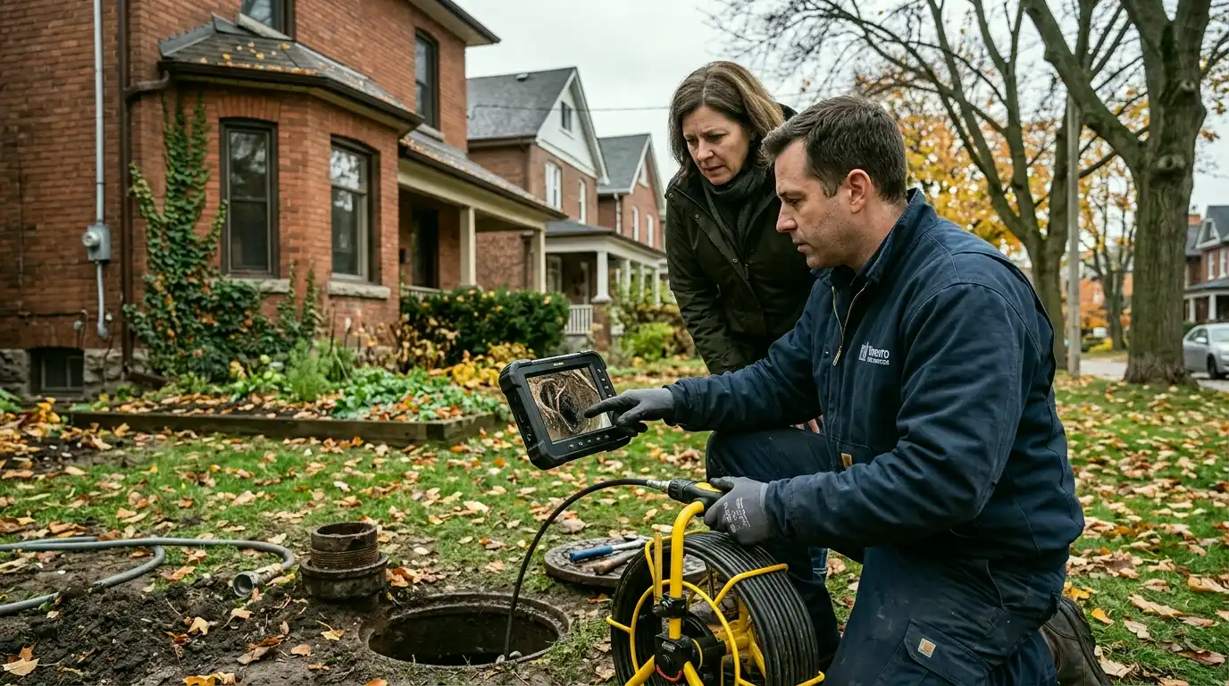 Plumber reviewing a sewer camera inspection screen showing tree root intrusion inside a pipe under a Toronto property