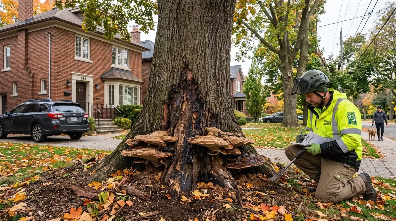 Large fungal conks growing at the base of a Toronto residential tree indicating serious root rot and structural decay