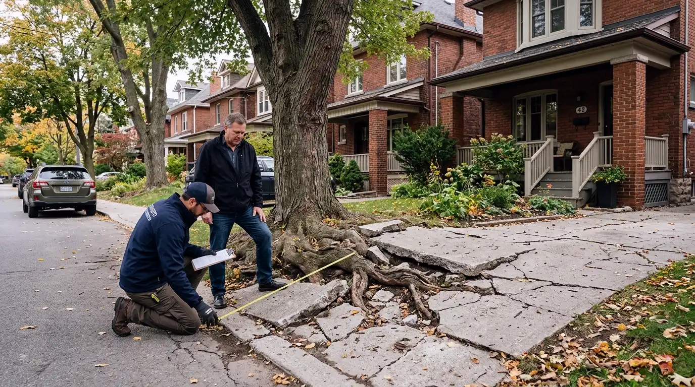 Large exposed tree roots cracking and heaving a residential concrete driveway in a Toronto neighbourhood
