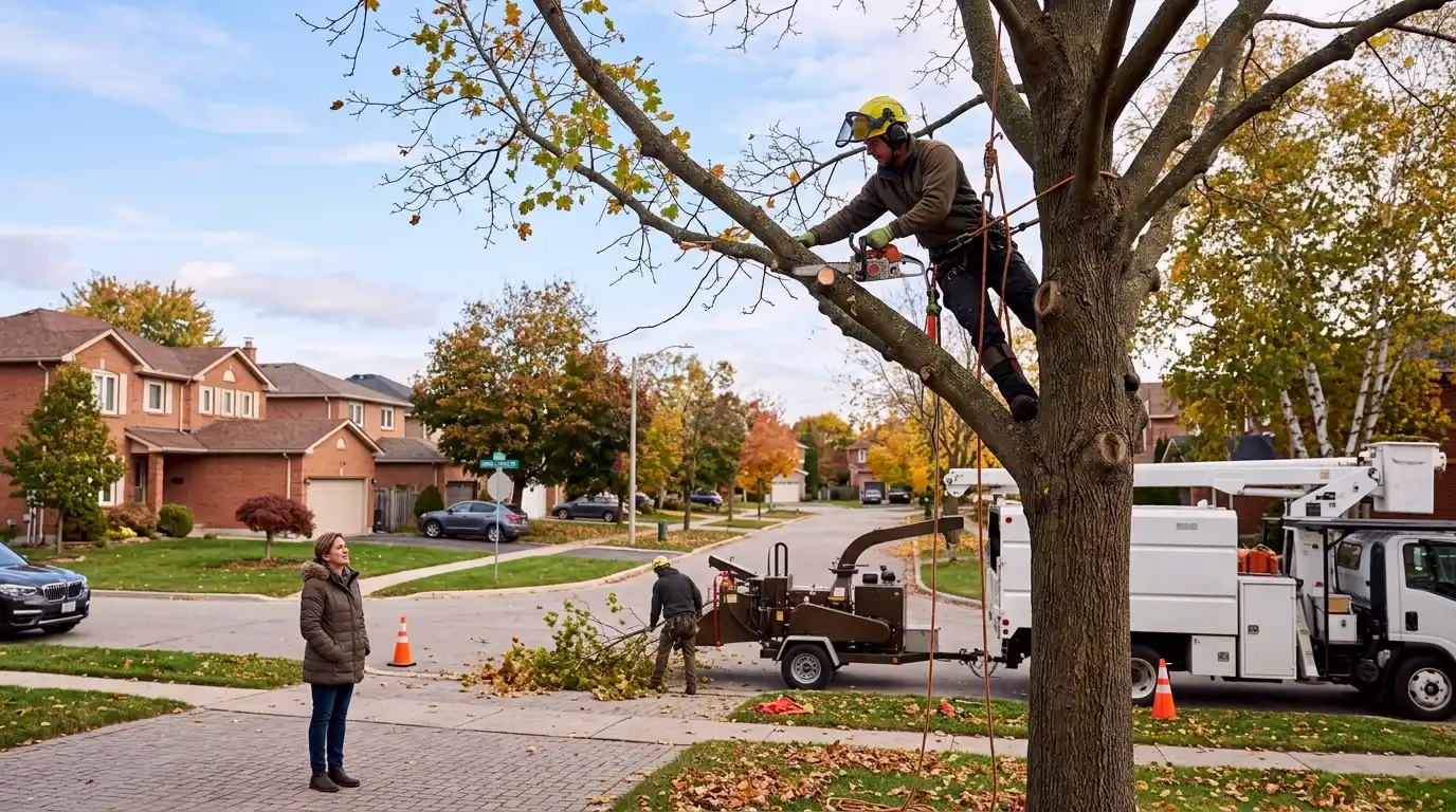 Professional tree service crew working on a large silver maple at an Ajax residential property with the Duffins Creek valley visible behind