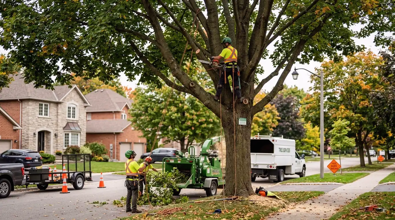 Tree removal crew carefully removing one of Burlington's remaining mature American elms that has succumbed to Dutch elm disease