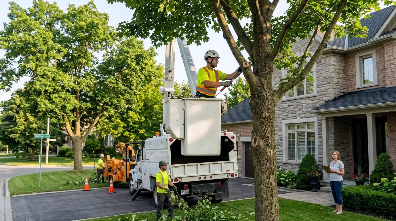 ISA arborist assessing large mature trees on a King Township estate property with the Ontario Greenbelt landscape visible in the background