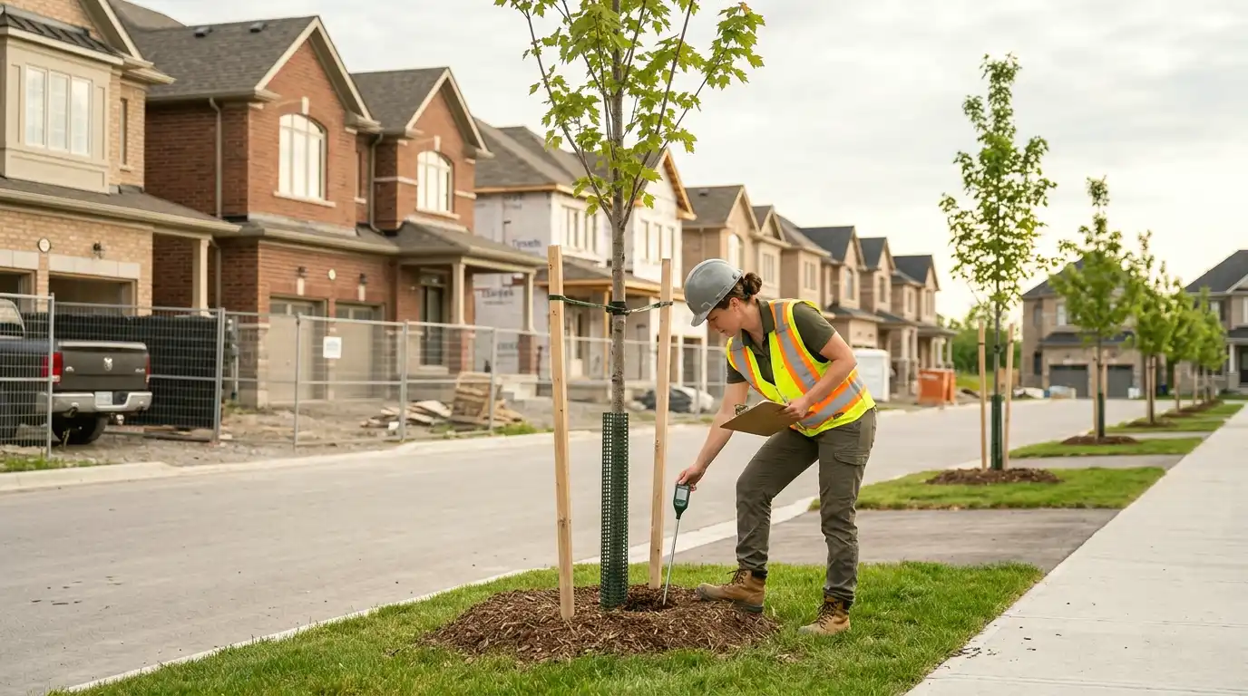 ISA arborist assessing young boulevard trees in a brand new Milton subdivision amid active residential construction