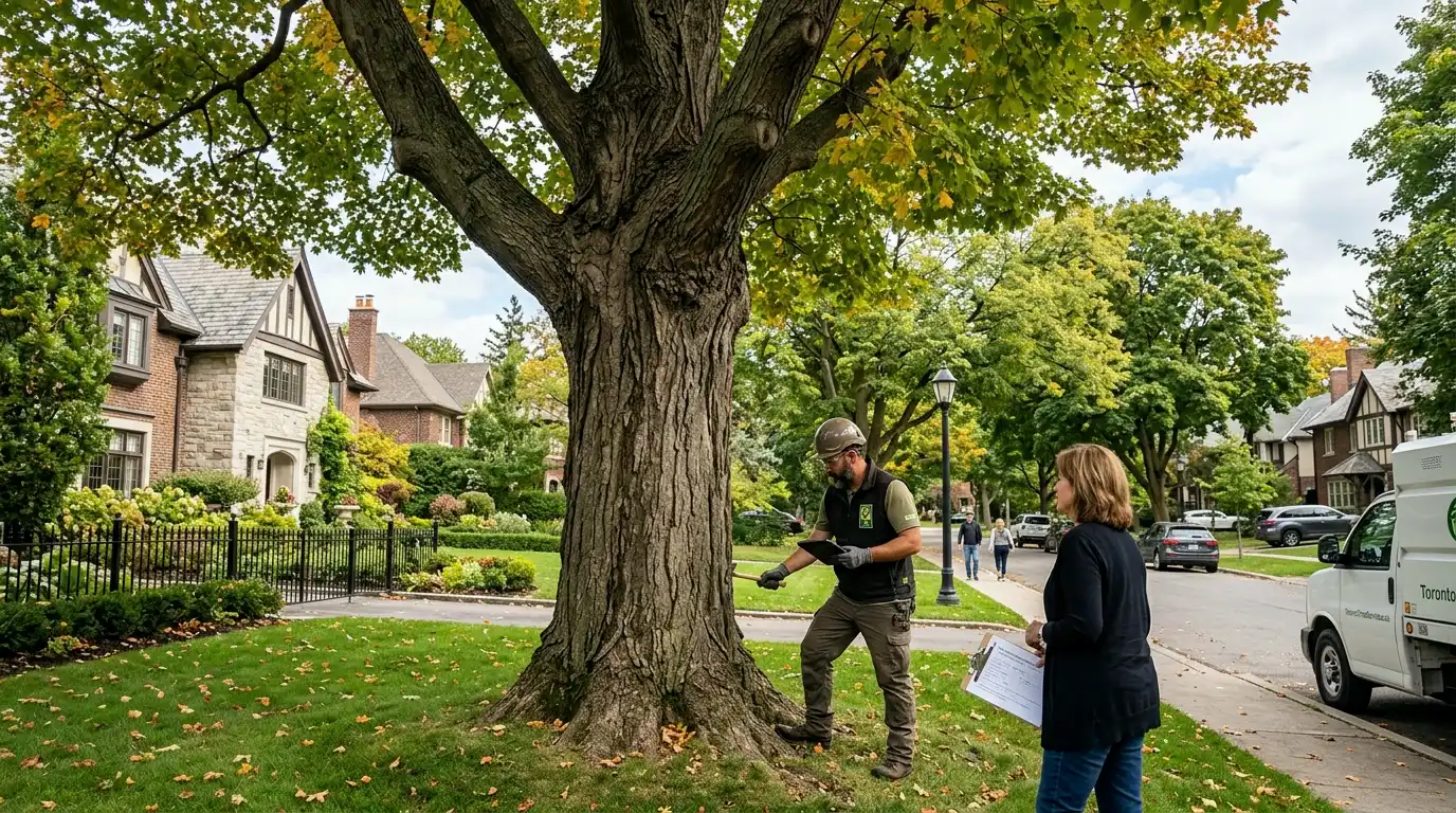 ISA arborist assessing a spectacular old sugar maple on an estate property on one of Oakville's historic tree-lined streets