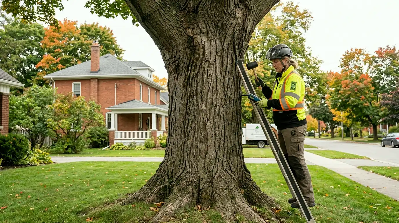 ISA arborist performing a condition assessment on a massive century-old sugar maple in the O'Neill neighbourhood of Oshawa