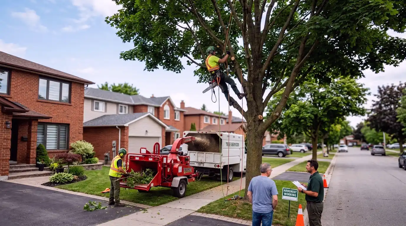 Arborist assessing a large cottonwood tree at a Pickering waterfront property with Frenchman Bay and Lake Ontario visible in the background