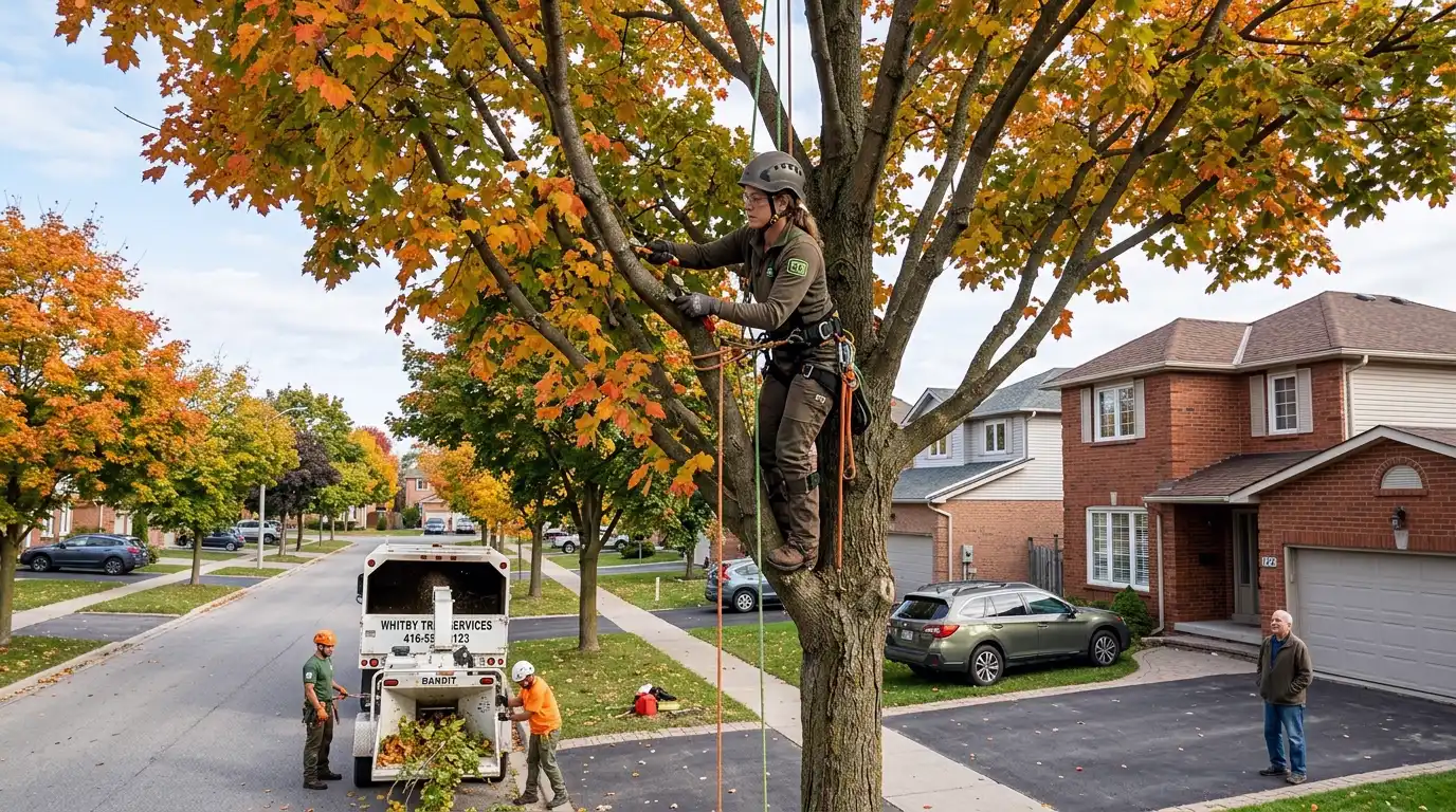 Arborist in aerial bucket pruning a large mature oak at a Lynde Shores Whitby estate property with the marsh visible in the distance