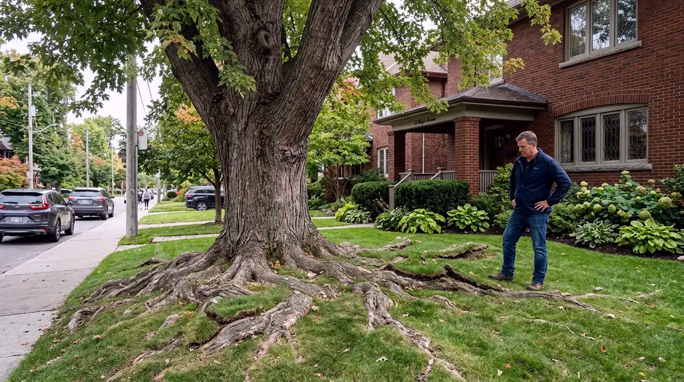 Large silver maple tree with extensive surface roots heaving the lawn at a Toronto residential property