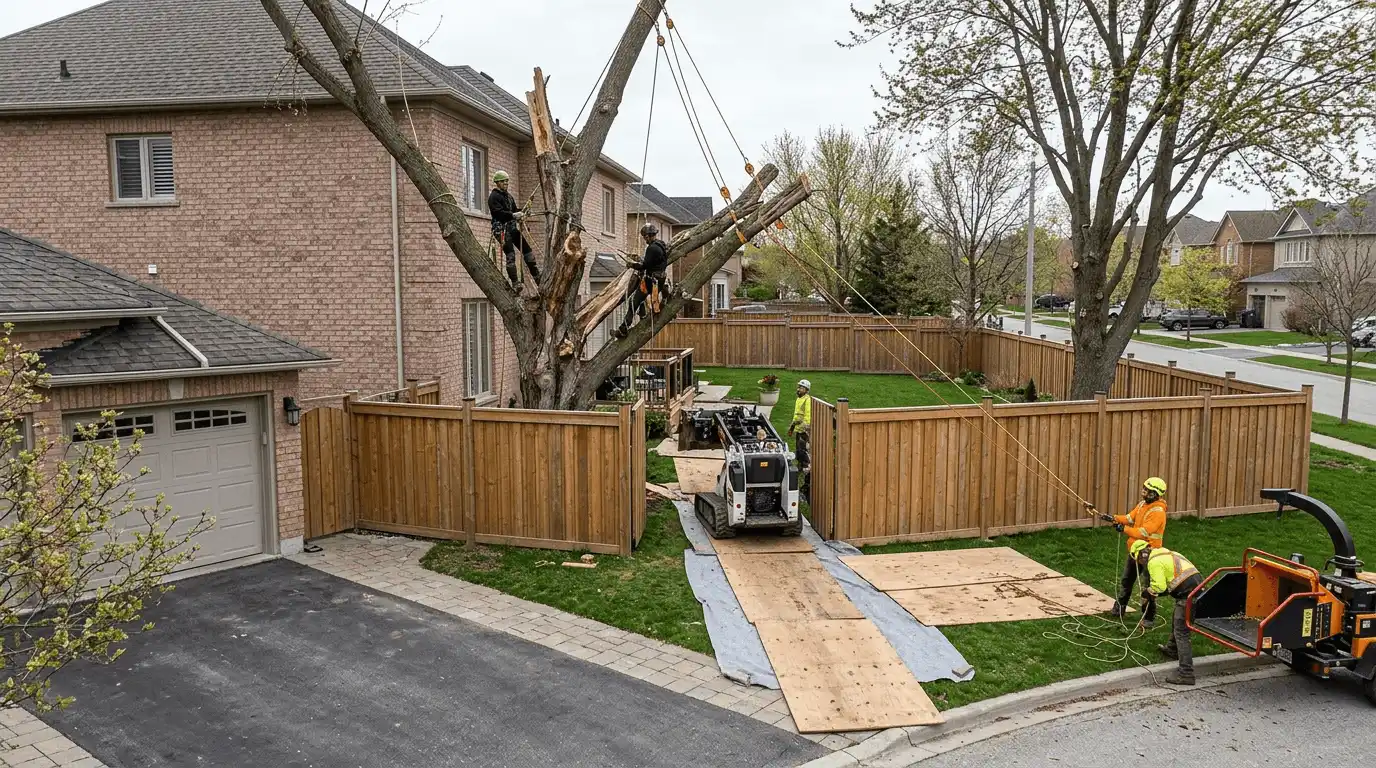 Tree Removal technical access and rigging setup in Rouge Fairways, Markham